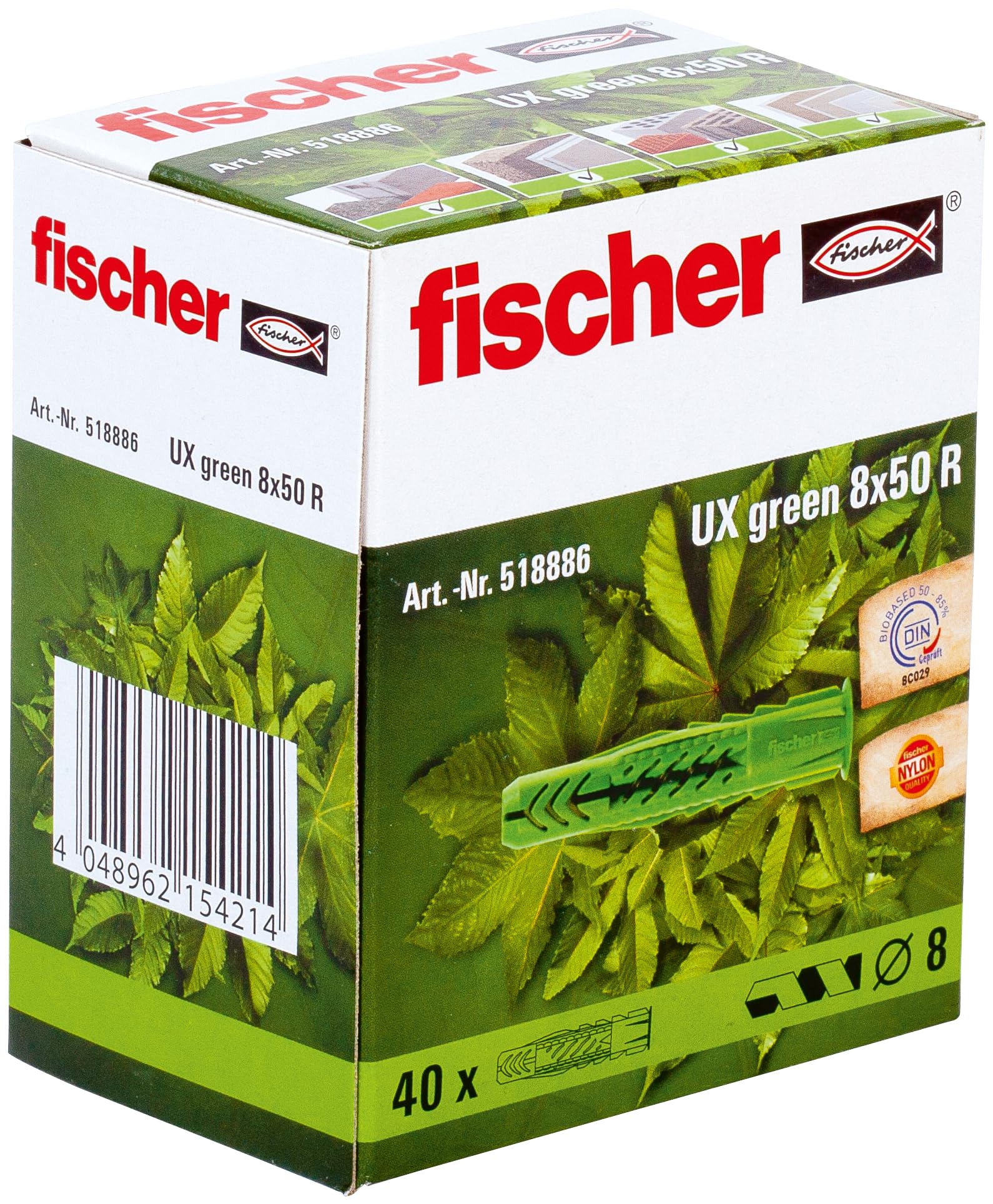 fischer UX Green Universal Plug 8 x 50 R, 40 Pieces, 518886