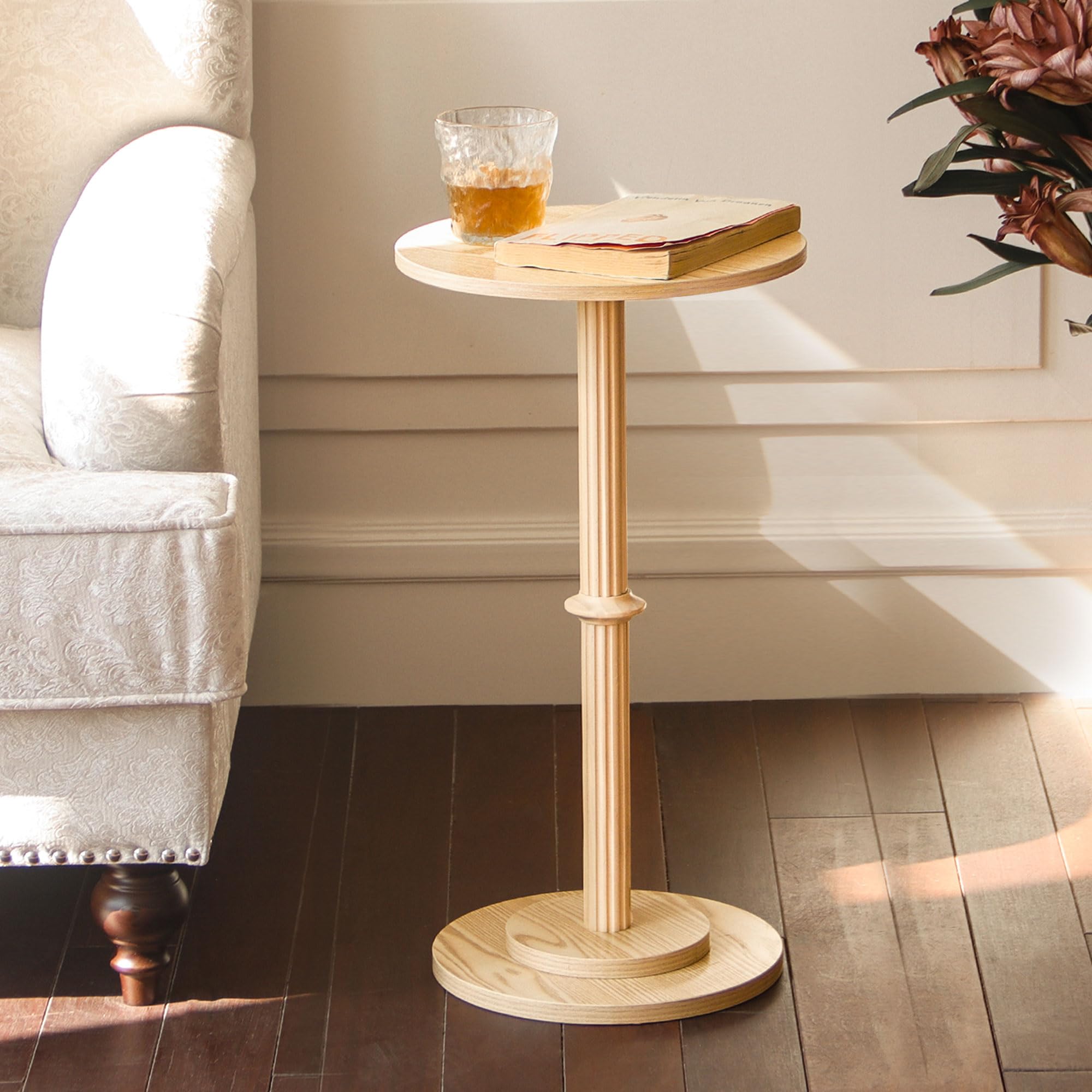 Photo 1 of MaxSmeo Drink Table, Small Side Table for Small Spaces, Modern Round End Table with Fluted Wood Leg, Natural