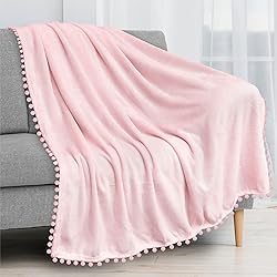 PAVILIA Light Pink Throw Blanket Pom Pom for