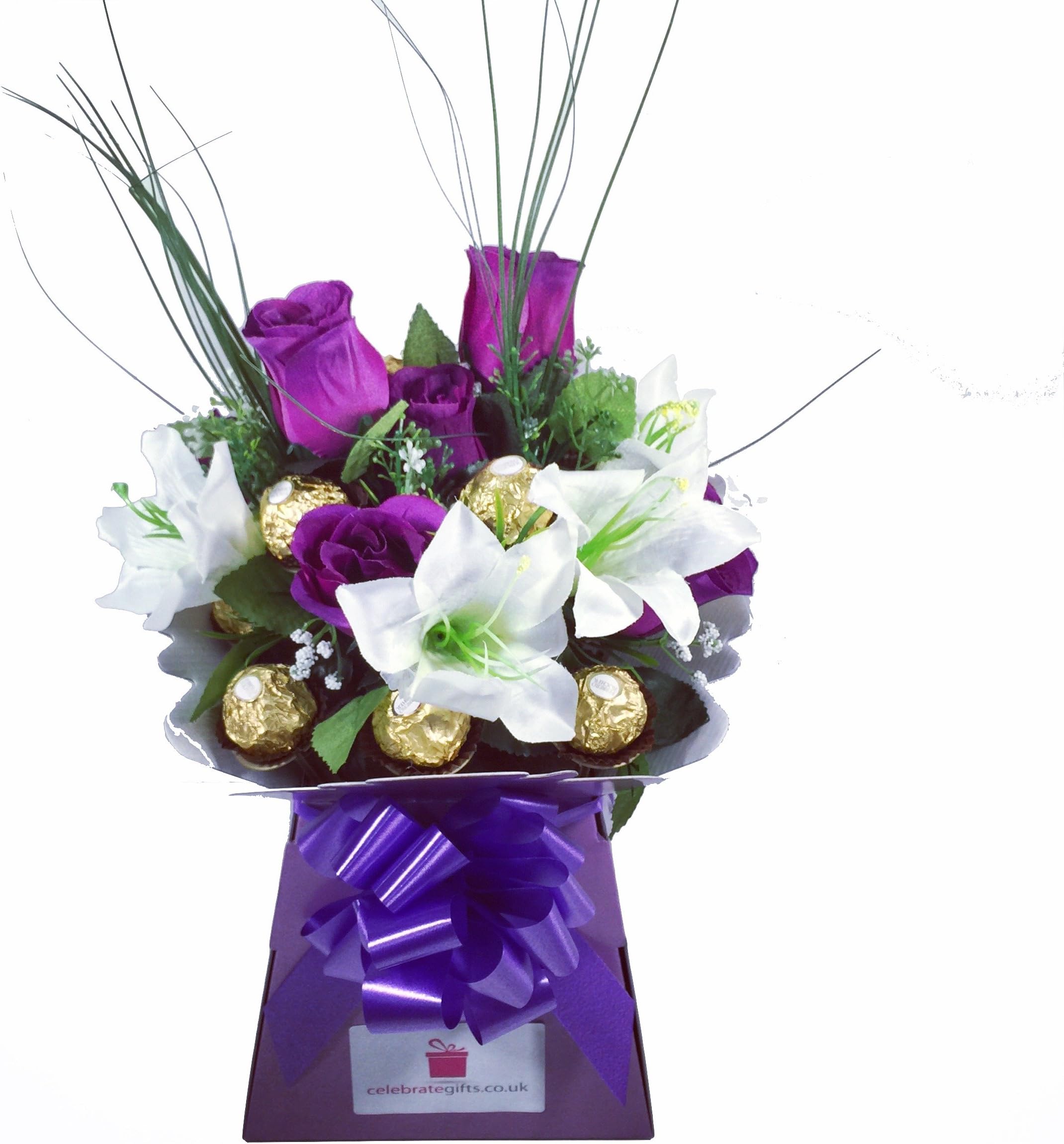 Luxury Silk Purple Roses & Lilies and Ferrero Rocher Chocolate Bouquet