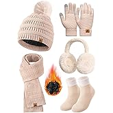 Uikue Womens Winter Knit Hat Beanie Scarf Touch Screen Gloves Ear Muffs Socks 5 Pieces Sets Faux Fur Pom Beanie Warmer Cap