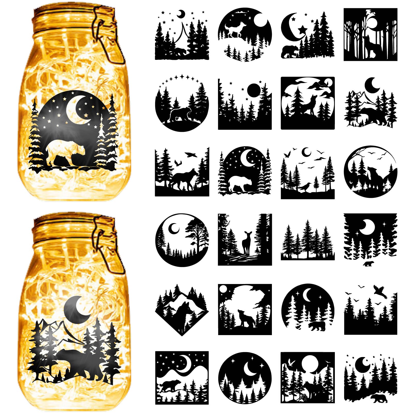CREATCABIN 24Pcs Halloween Animals Silhouettes Mason Jar Decals Wolf Bear Deer Scrap booking Stickers Cardboard Making Crafts Cut PVC Waterproof for Lantern Jars DIY Halloween 7.8x5.9 Inch