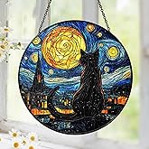 Black Cat Stained Glass Suncatcher Window Hanging Decor for Garden, Suncatcher Panel Ornament Decorations, Memorial Gifts for Cat Lovers, Women Pet Loss Sympathy Gift for Window Living Room Garden