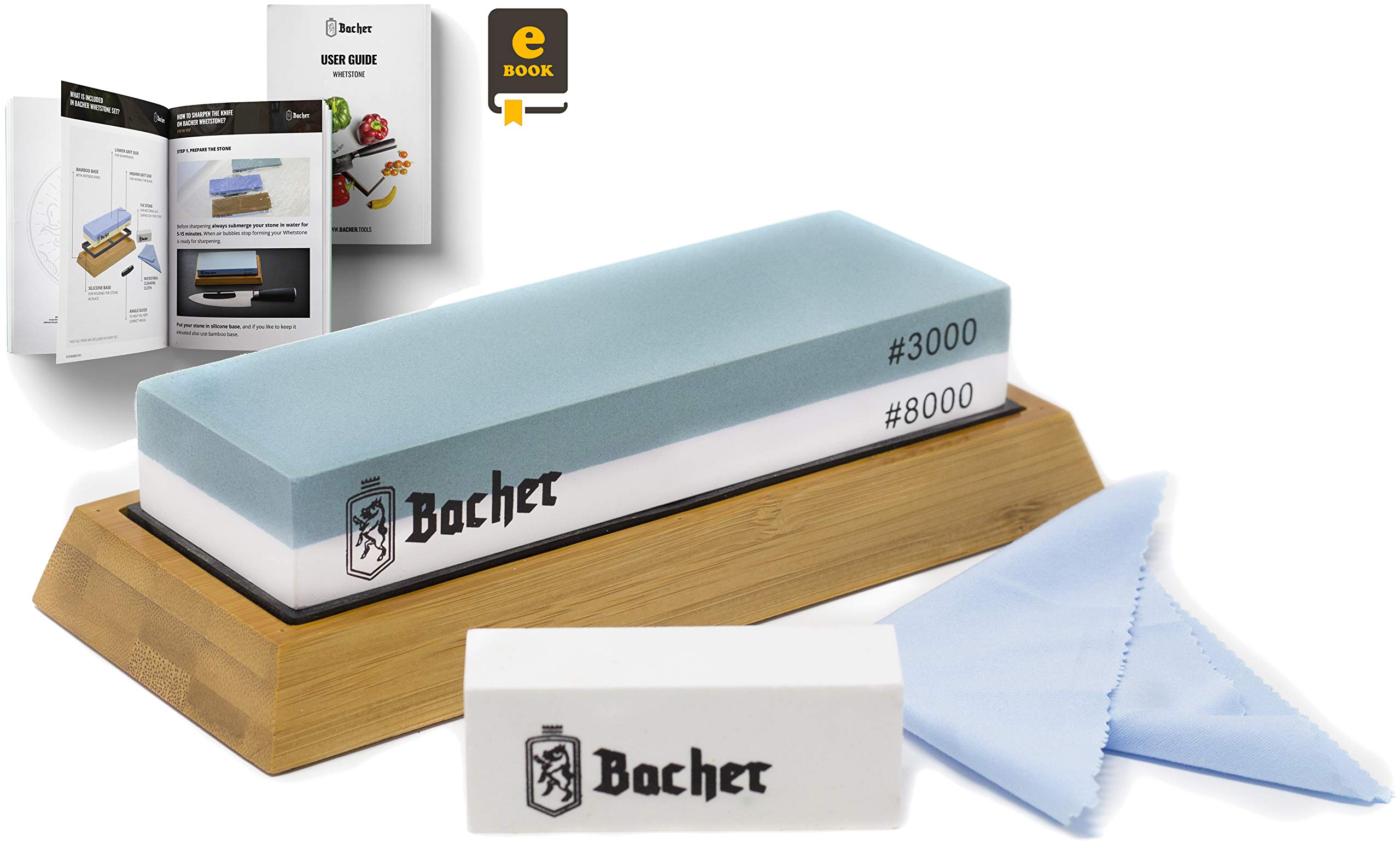 Bacher Premium Sharpening Stone. 2 Side Grit 3000/8000 Whetstone - Knife Sharpener Waterstone with Non-Slip Bamboo Base, Flattening Stone and Detailed eBook Guide