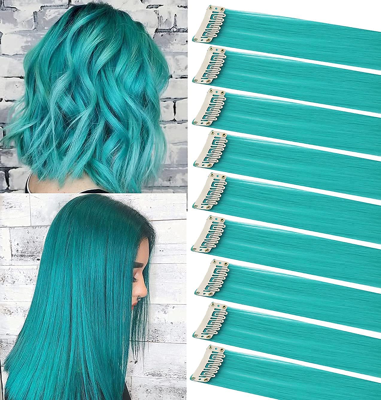 ZHAOWWEI Princess Colorful Extensions Multi-Colors Party Highlights Streak Synthetic Hairpieces Clip-In/Clip On Colored Hair Extensions(Teal)