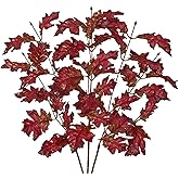 3Pcs Artificial Oak Leaves Branches Fake Fall Leaves Stems Plants Shiny Faux Oak Leaf Bushes Shrubs for Home Kitchen Decor Autumn Thanksgiving Fireplace Festival Party Decorations Red