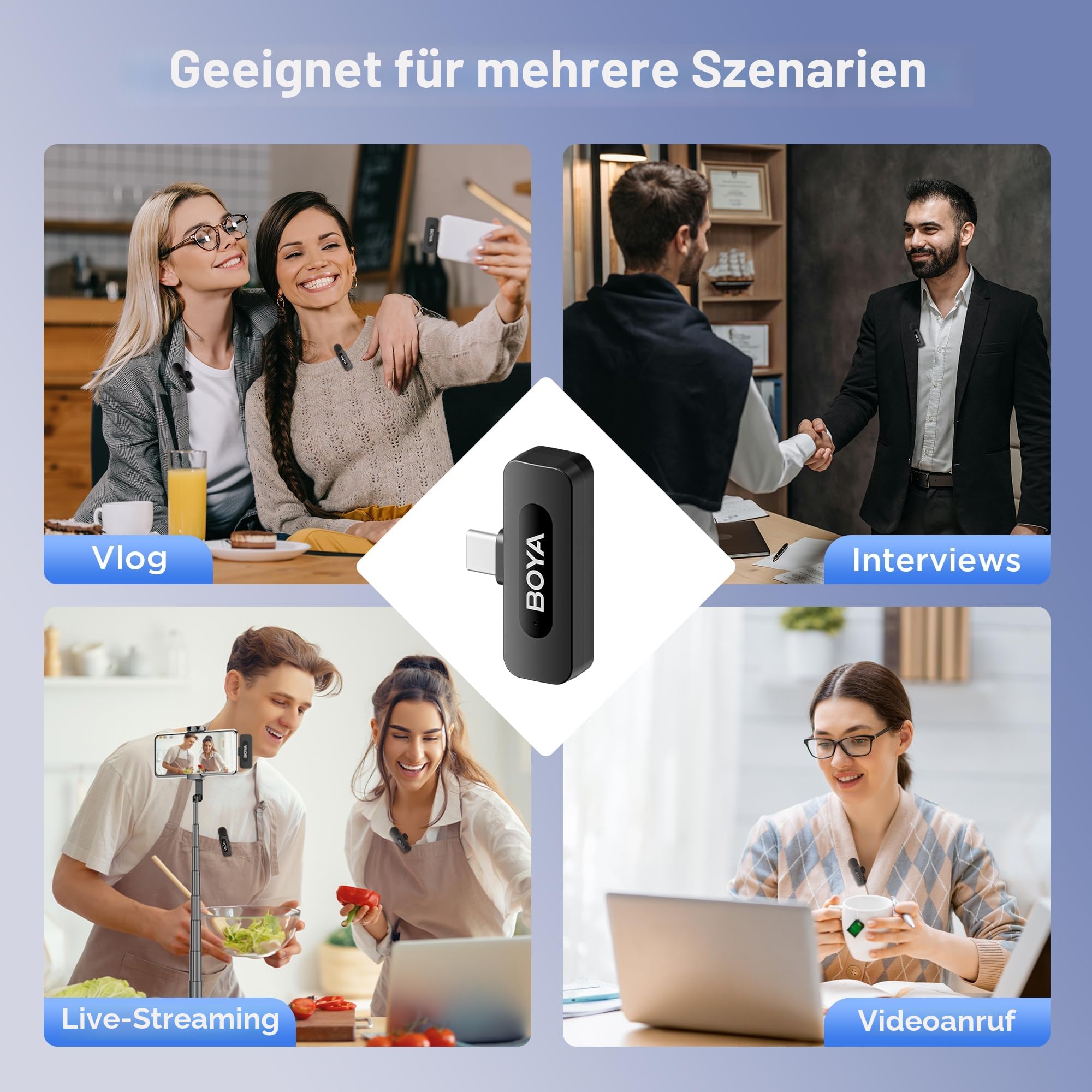 BOYA BY-V30 Mini Mikrofon Handy Kabellos, 100m Reichweite, 2 Pack USB C Wireless Lavalier Mikrofone für Podcast Live Stream Tiktok Vlog Video Aufnahme 8