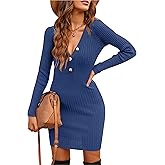 Blooming Jelly Womens Long Sleeve Sweater Dress Sexy V Neck Bodycon Mini Fall Dresses Trendy Ribbed Ladies Winter Sweater