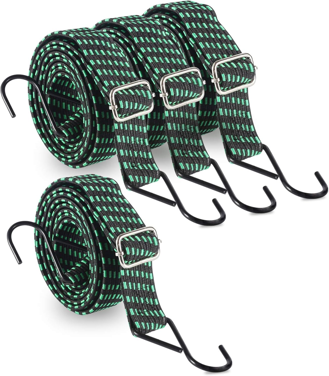 KING PIECES Adjustable Flat Bungee Cords 80" 4 Pack Latex Bungee Straps with Adjustable Length Metal Buckle & Hooks for Hand Carts, Heavy Duty Cargo, Luggage Rack, Camping, Gardening, Clothesline - - 