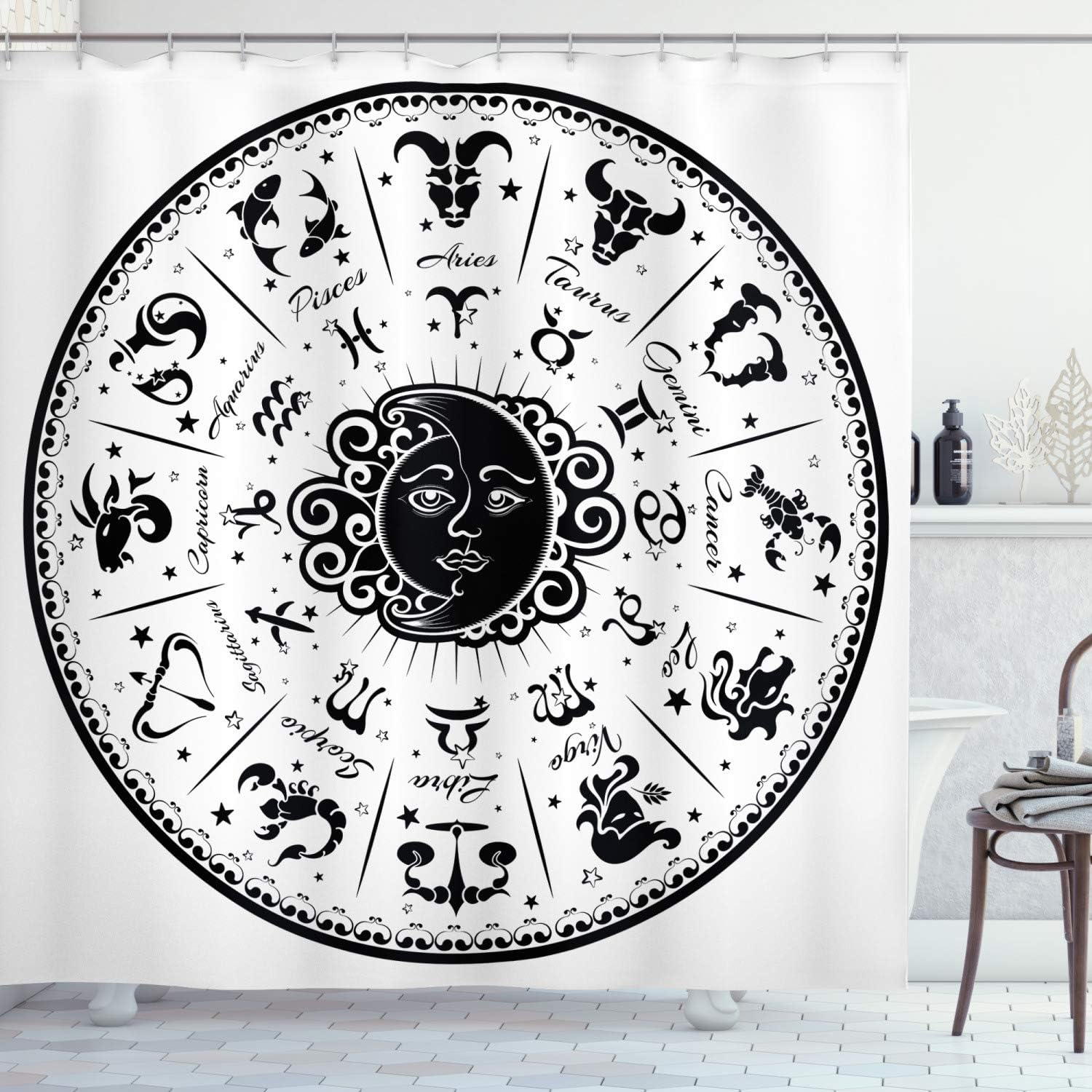 Amazon Com Ambesonne Zodiac Decor Shower Curtain Minimalist Rounded Symbols Mystical Outer Space Effects On Character Image Fabric Bathroom Decor Set With Hooks 84 Long Extra Black White Home Kitchen