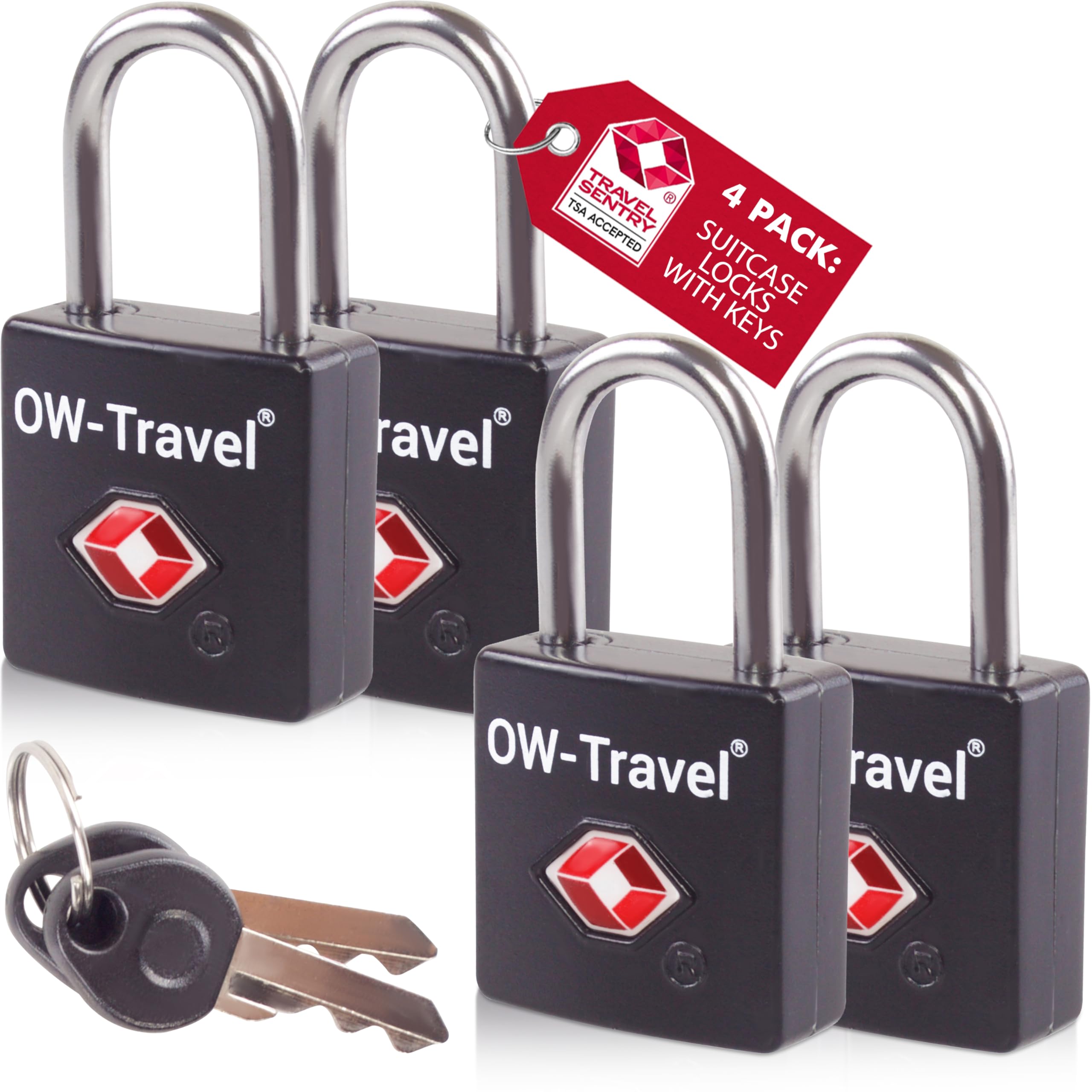 OW-Travel TSA Approved Luggage Locks Suitcase Locks with Keys (4 Pack Black) Travel Padlock Bag Small Padlock. Luggage Padlocks for Suitcases. Mini TSA Suitcase Padlocks with Keys for Bags and Cases