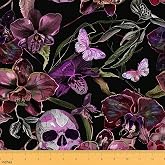 Feelyou Skull Orchid Flowers Upholstery Fabric 1 Yard Soft | Skeleton Gothic Butterfly Projects Fabric by The Yard Flannel Home DIY Decorative Tropical Pink