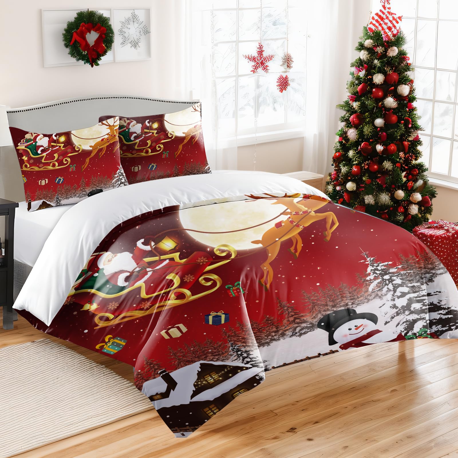 Christmas Duvet Cover Set King Size Santa Easy Care Xmas Bedding Set Christmas Reindeer Santa Claus playing guitar Printed King Size Red Quilt Bedding Set include 1 Duvet Cover 2 Pillow Style 1