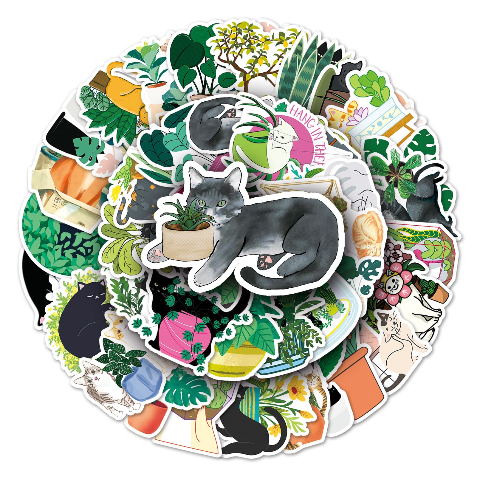 Cats and Plants Stickers for Laptop (50 PCS),Gift for Children Teens Adults Girl Boys,Waterproof Stickers for Water Bottle,Cute Cartoon Cats Vinyl Stickers for Scrapbook Skateboard Bike Phone Dairy โ image 1