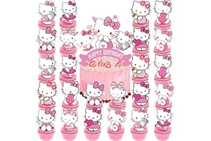 JLEMON 25pcs Cupcake Toppers with 1 Happy Birthday Cake Topper, Cute Anime Hello Pink Cat Themed Party Supplies, Perfect for Birthday Party Decorations (Style A)