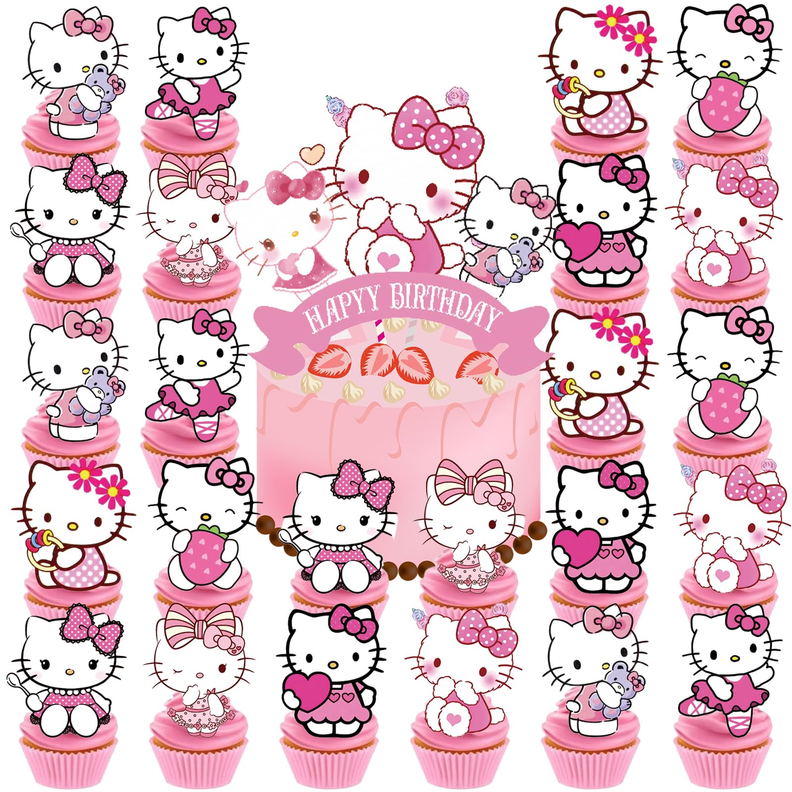 Photo 1 of 15pcs Cupcake Toppers with 1 Happy Birthday Cake Topper, Cute Anime Hello Pink Cat Themed Party Supplies, Perfect for Birthday Party Decorations (Style A)