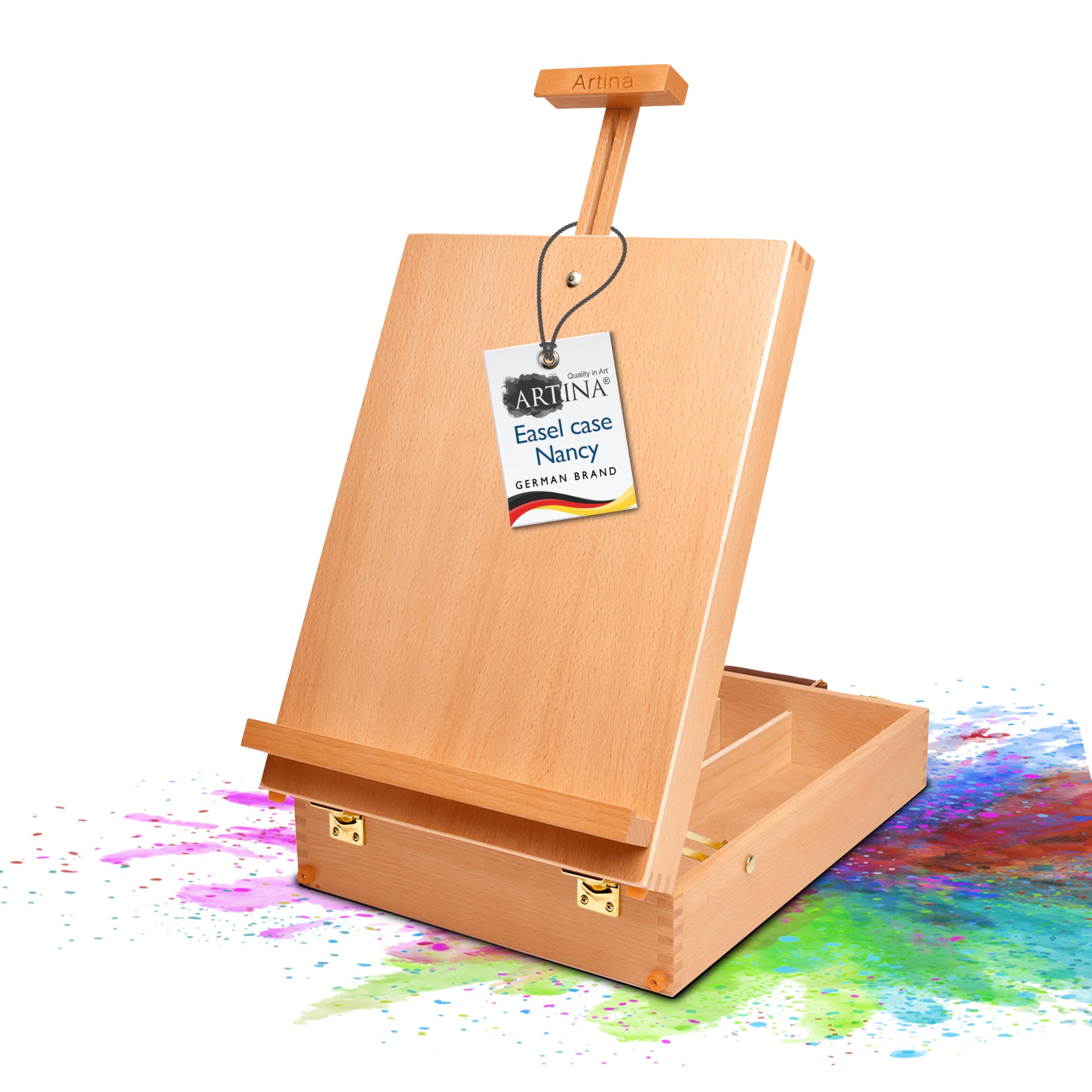 Artina Foldable Table Wooden Easel Beechwood with Storage Box Nancy - Adjustable Artist Drawing Art Easel for Painting for Canvases up to 66 cm