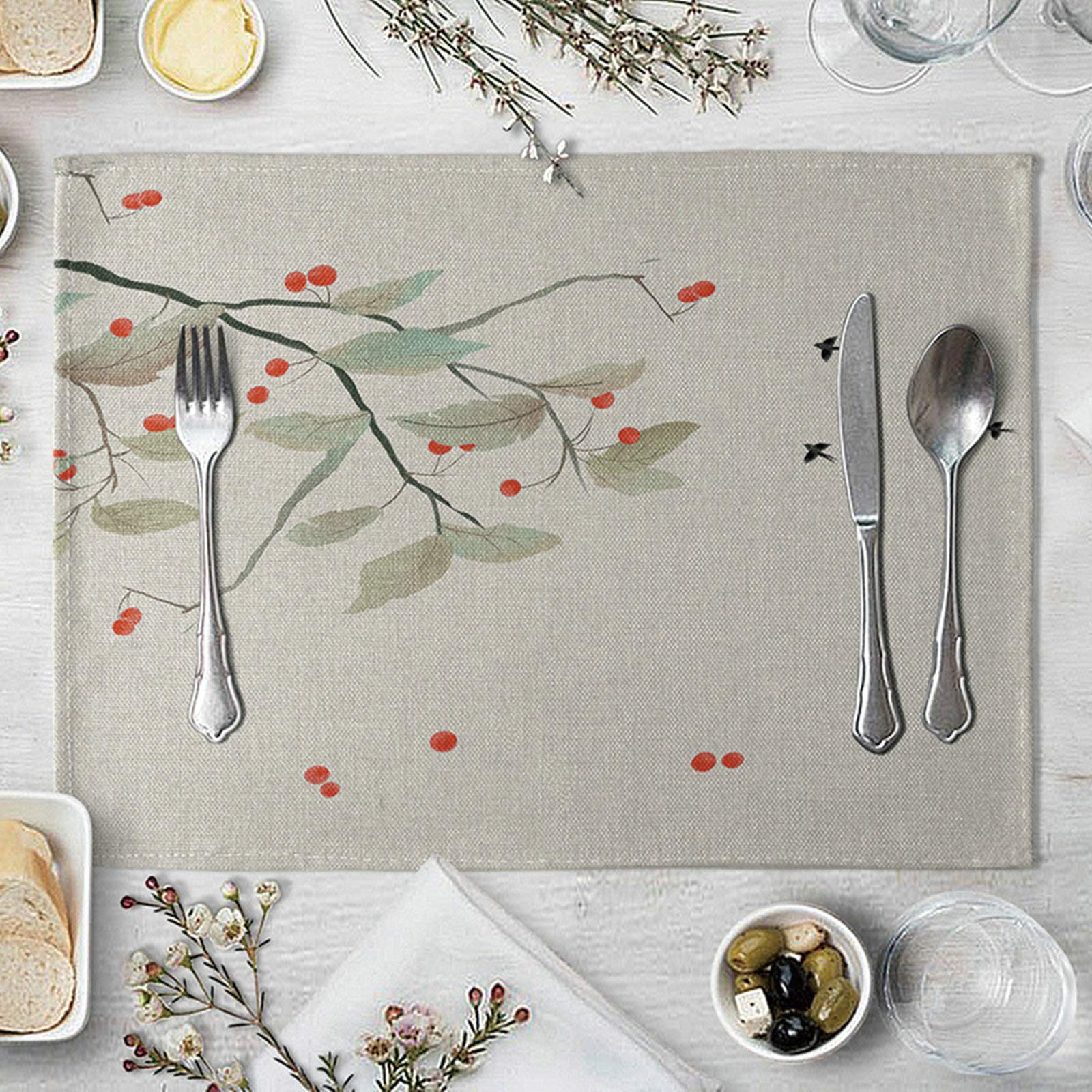 Daesar Placemat 4 Pack, Cotton Linen Placemats Flower Branches and Birds Red Grey Washable Placemats 16x12 Inch