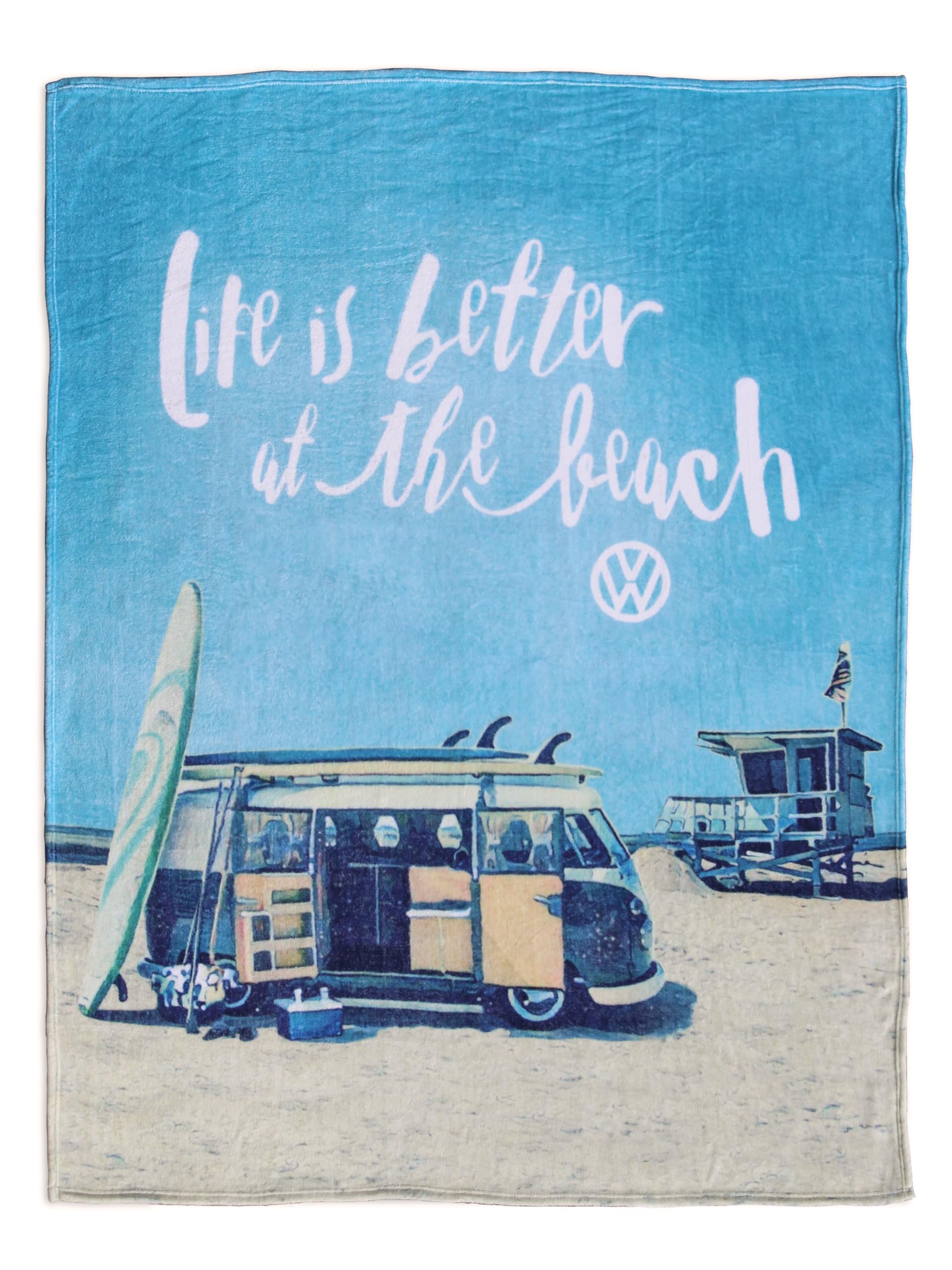 BRISA VW Collection - Volkswagen T1 Bulli Bus Soft Fleece Blanket, Cuddly Blanket (150 x 200 cm/SURF/Blue)