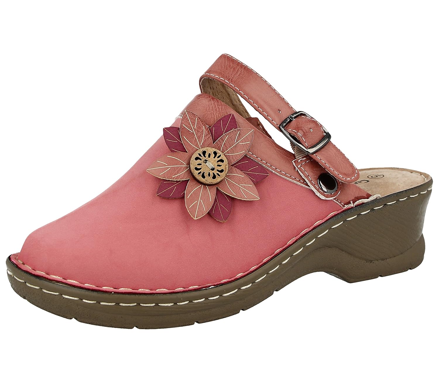 Cushion Walk Ladies Leather Lined Flower Closed Toe Clogs Slip On Sling