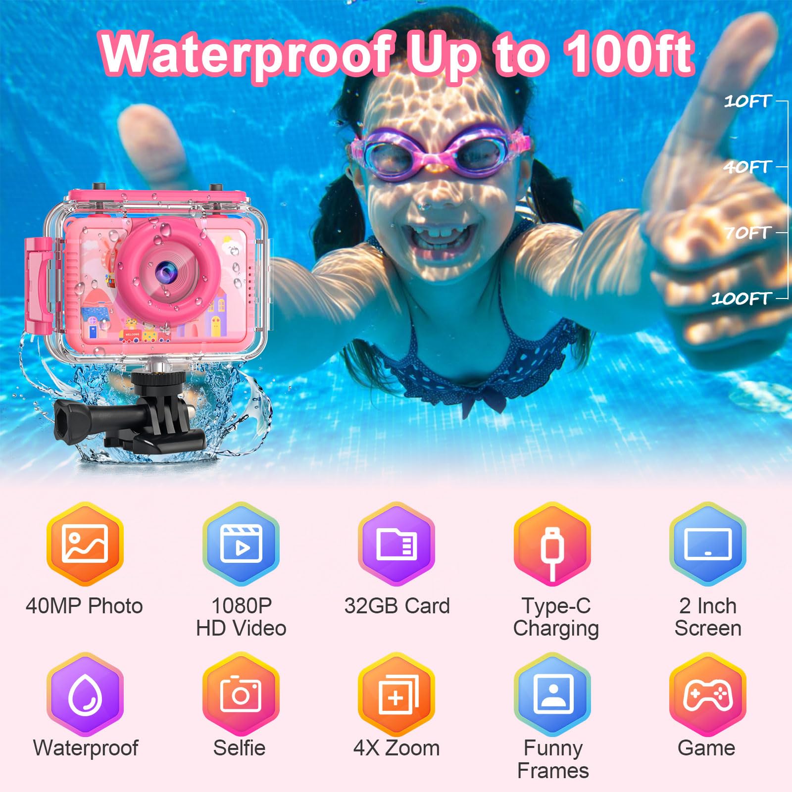 Kids Digital Waterproof Camera - 2024 Upgrade Underwater Camera for Kids with 2.0