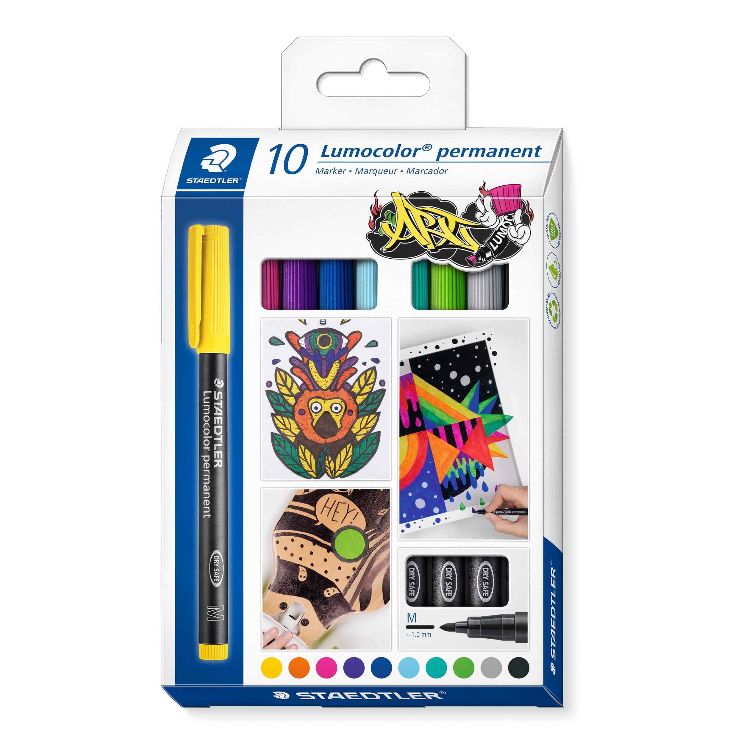 STAEDTLER 317 C10 Lumocolor Permanent Pen, Medium Line Width, 1.0mm - Assorted Colours (Pack of 10)
