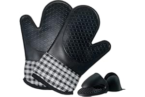 LSLCQW 4pcs Set Oven Gloves and Pot Holder Set, Heat-Resistant 500 Degree, with Mini Oven Gloves and Insulation Clips, Non-Slip Food-Grade Long Oven Gloves, for Kitchen Baking