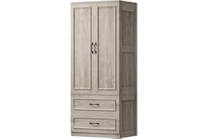 LIKIMIO Armoire Wardrobe Closet with 2 Doors and 2 Drawers 70" H x 28" W Wooden Bedroom Freestanding Wardrobe Combination for Hanging Clothes, Rustic Maple