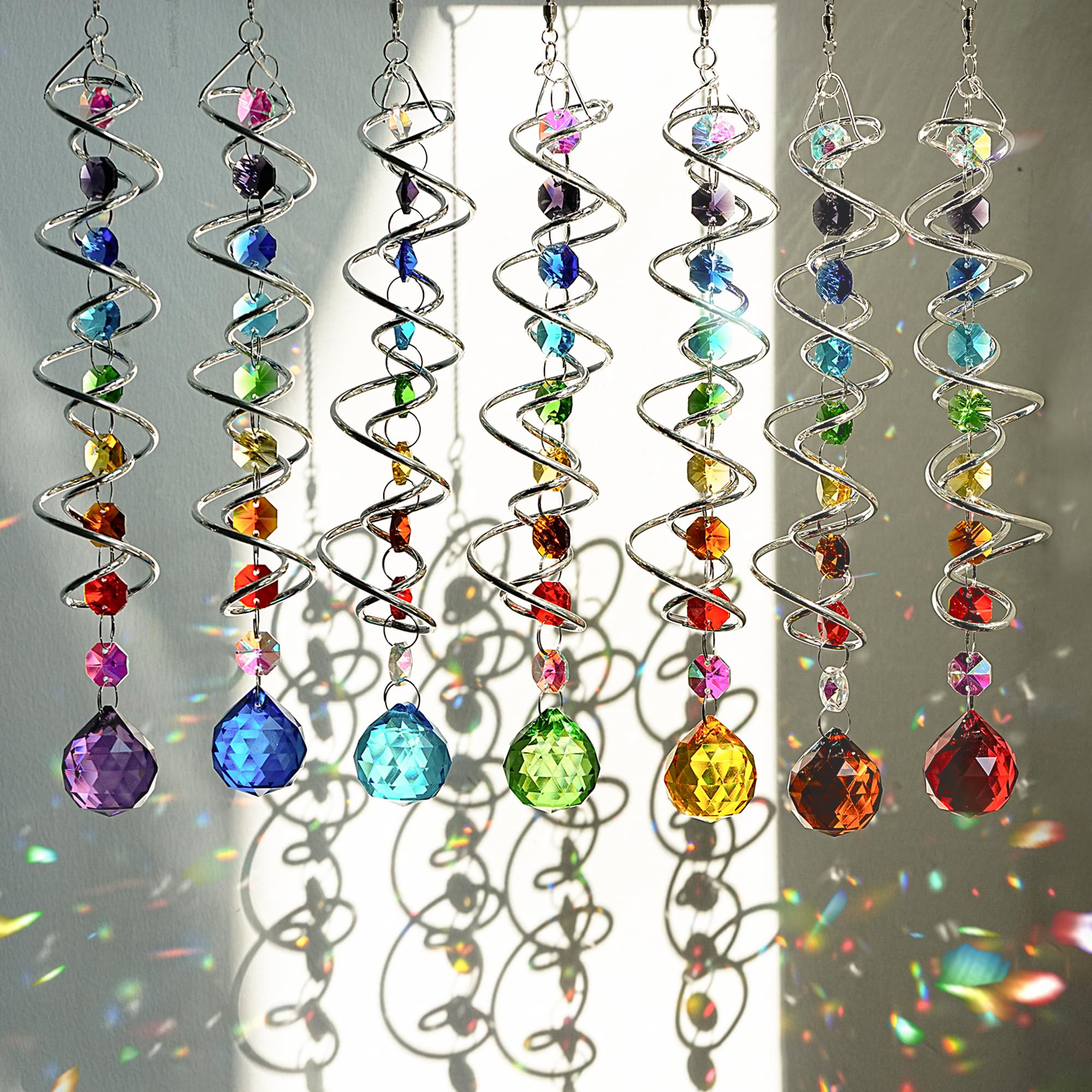 H&D HYALINE & DORA 7 Pack Crystal Suncatchers for Windows Hanging Gazing Ball Spiral Tail Wind Spinners Stainless Steel Hanging with Swivel Hook for Yard and Garden Indoor Home Decor Image