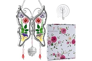 KY&BOSAM Butterfly Suncatcher I Love You Mom Stained Glass for Windows Hangings Wind Chime Home Decor with Real Flower Wings and Heart Charm Birthday Gifts for Mom Mother`s Day Valentine's