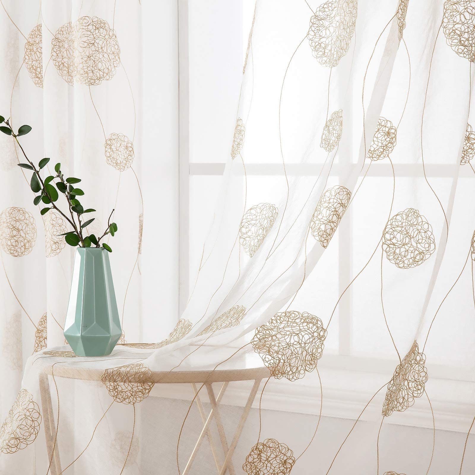 Homxi 2 Tende In Voile Per Camera Da Letto - Bianco, 107x229 Cm Ciascuna - Semitrasparenti Con Motivi Floreali E Pizzo, A Ganci