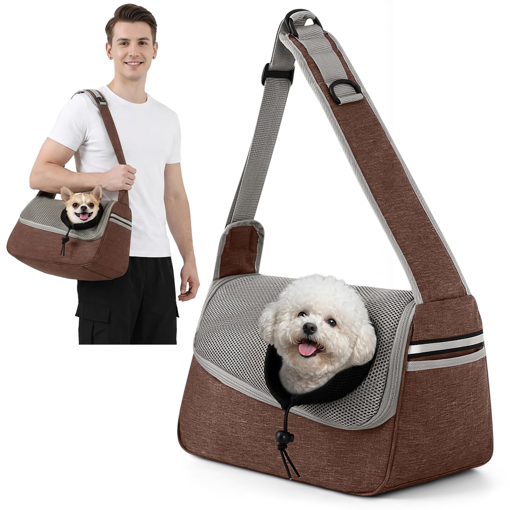 ALLSOPETS Dog Sling Carrier for Small Dogs Cats – Breathable Puppy Sling, Adjustable Shoulder Strap with Side Pocket, Travel Cat Carrier for Outdoor Camping (Coffee Brown)