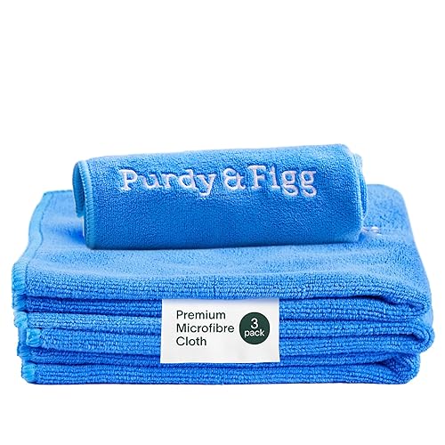 Purdy & Figg | Microfiber Cleaning Cloth| Super Soft, Streak-Free Multipurpose Polishing Cloth| Lint-Free, Scratch-Resistant, Super Absorbent & Reusable | Home & Kitchen | Pack of 3 | Blue