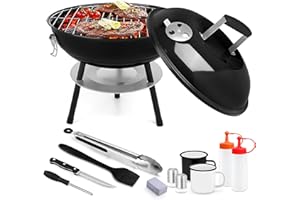 14in Charcoal Grill with Tools (12Pcs), Joyfair Portable Camping BBQ Grilling Smoker with Enamel Mugs for Outdoor Barbecue/Tabletop Cooking, Enamel Coated & Lightweight, Include Knife & Food Tong