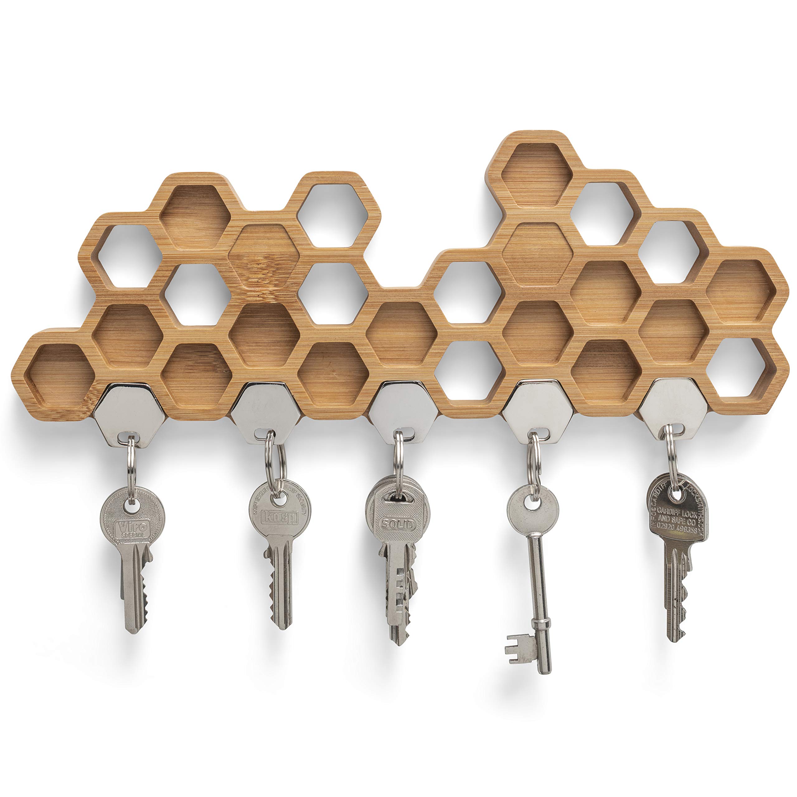 BU Products Wooden Magnetic Key Holder – Minimalist Bamboo Rack with Unique Honeycomb Design, Strong Magnets, Wall Mounted, Holds 5 Sets of Keys, Ideal for Hallway, Entrance, Office – 28.5x9.2x2.8cm