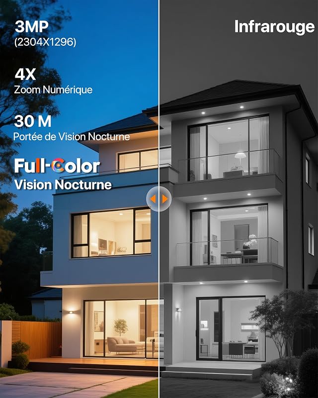 CH9 Caméra Surveillance WiFi Extérieure Double Objectif 2K+2K, Wi-FI 6 PTZ 360°, Mode Patrouille, Vision Nocturne Couleur, Alarme Sonore/Lumineuse, Détection Humaine/Véhicule, IP65