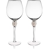 Trinkware Set of 2 Wine Glasses - Rhinestone "DIAMOND" Studded With Silver Rim - Long Stem, 16oz, 10-inches Tall - Elegant Glassware And Stemware