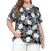 FOREYOND Plus Size Tops for Women Short Sleeve Ruffle Shirts Crewneck Blouses Dressy Casual Pleated Fashion Tunic Top