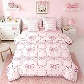 Erosebridal Girly Bowknot 7 Piece Bedding Set Twin Bow Comforter Set with Sheets Ribbon Bow Kawaii Coquette Bed in a Bag Checkered Geometric Princess for Kids Girls Women
