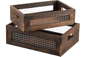 Dicunoy Set of 2 Rustic Nesting Boxes, Wooden Organizer Crates Basket, Small Decorative Wood Wire Containers with Handle for Countertop, Fruit, Veggies, Kitchen, Bathroom, Pantry Storage, Gift Basket