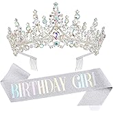 Velscrun AB Silver Crystal Birthday Tiara Crowns for Women Girls Princess Crown with Combs Birthday Girl Headband Sash Happy Birth Party Decorations Birth Gift Cake Topper Hair Accessories