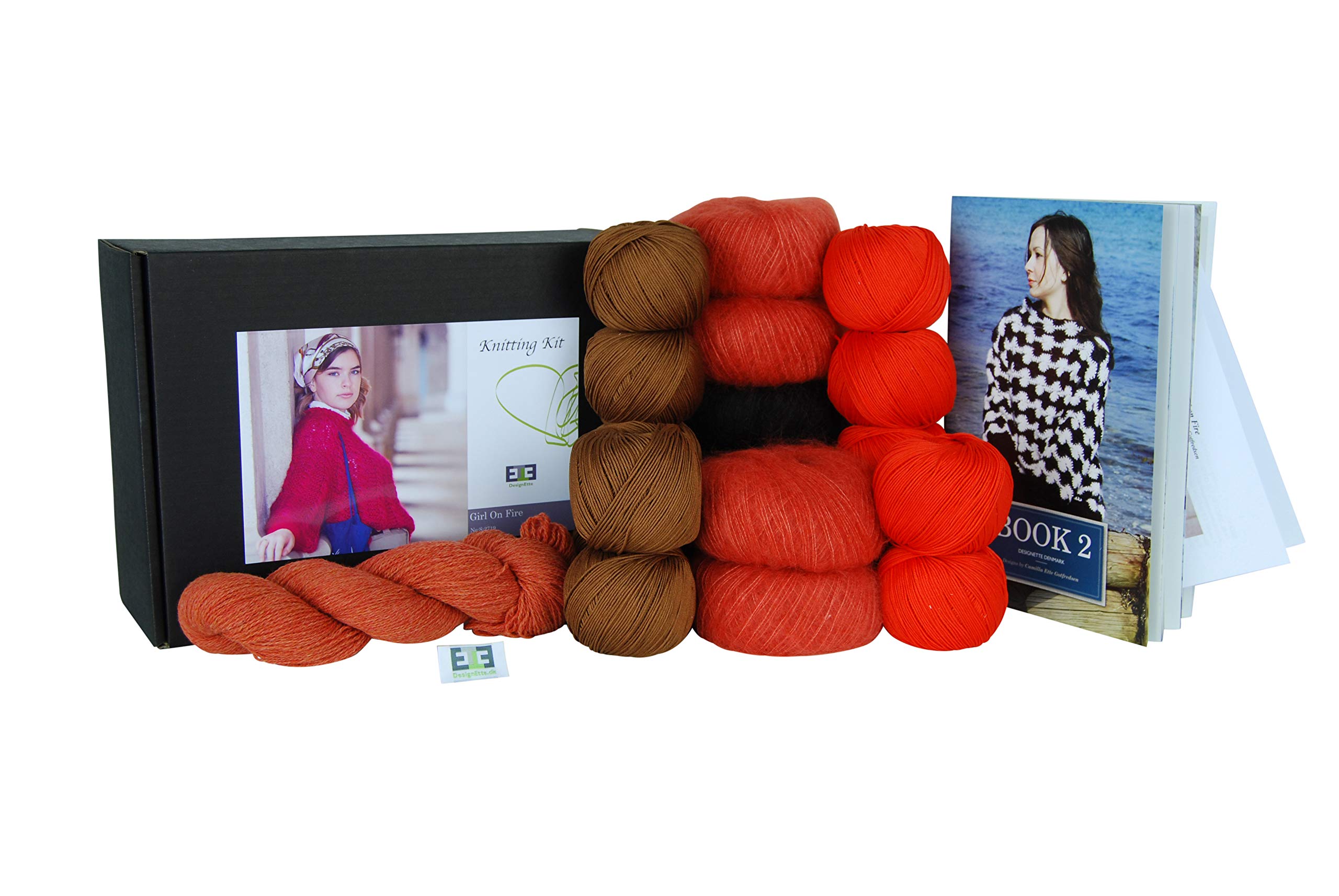 DesignEtte Knitting Kit Girl on Fire 100 Percent Mercerized Egyptian Cotton Superkid Mohair Silk and Shetland Wool Blend Small Medium Orange/Brown No-s-2719, S/M