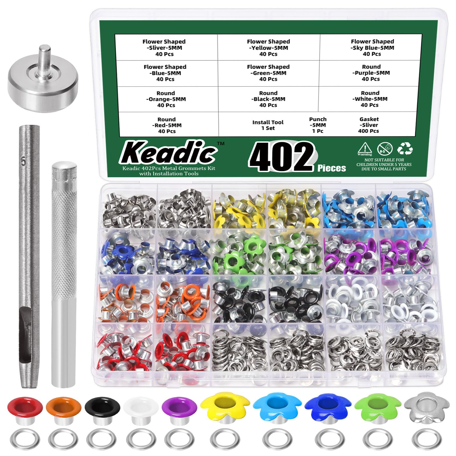 Keadic 403Pcs 3/16 Inch Multi-Color Aluminium Grommets with Installation Tools Assortment Set, Flowers and Round Eyelet for Leather Fabric Clothing Belt Shoe Crafts Bag DIY Accessories (10 Colors)