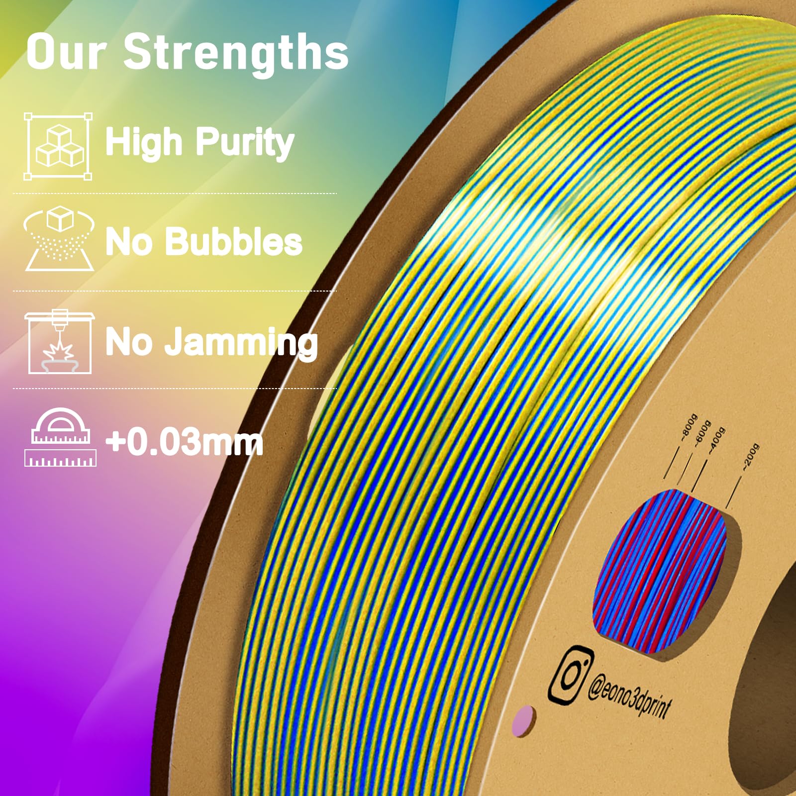 EONO Filament PLA 1,75mm Mehrfarbig Regenbogen PLA Filament für 3D Drucker Coextrusions Dreifarbiges Silk 1kg (2,2 lbs) Mehrfarbiges PLA,Tricolor Filament PLA, Silk PLA Filament Rot/Gold/Blau. 5