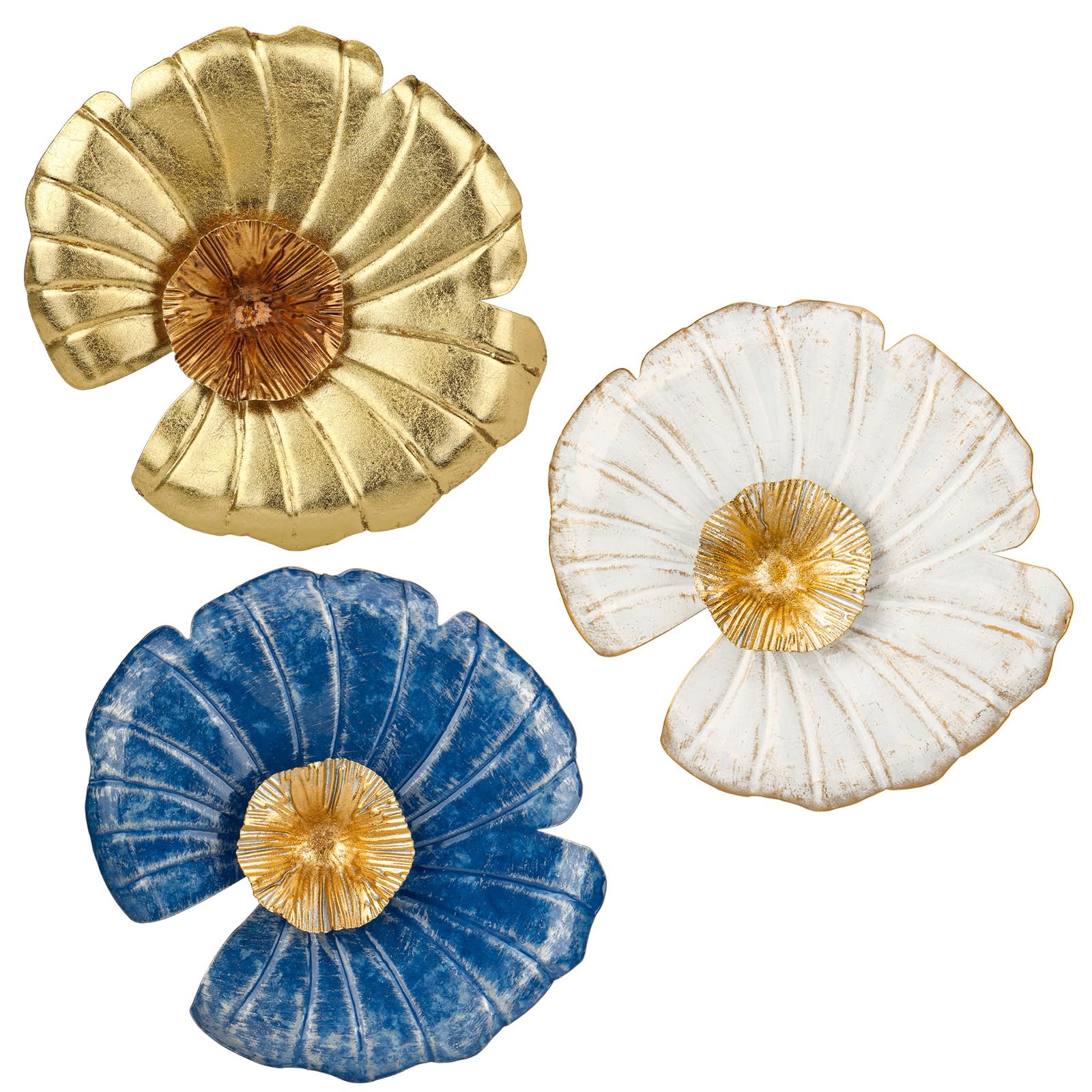 Photo 1 of 11.8" Metal Wall Decor Art, 3 Pcs Blue White and Gold Wall Accent Art Decor Wall Sculptures, Modern Wall Hanging Decorations for Home Bathroom Office Dining Room Bedroom Living Room Blue Kitchen