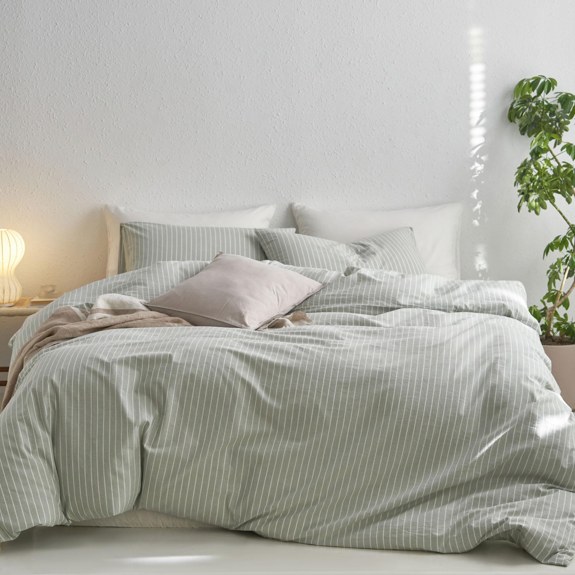 Photo 1 of MooMee Striped Duvet Cover Set 100% Washed Cotton Linen Like Textured Breathable Durable Soft Comfy (Sage Green White Wide Stripes, Palatial King/Oversized King 120"x98")