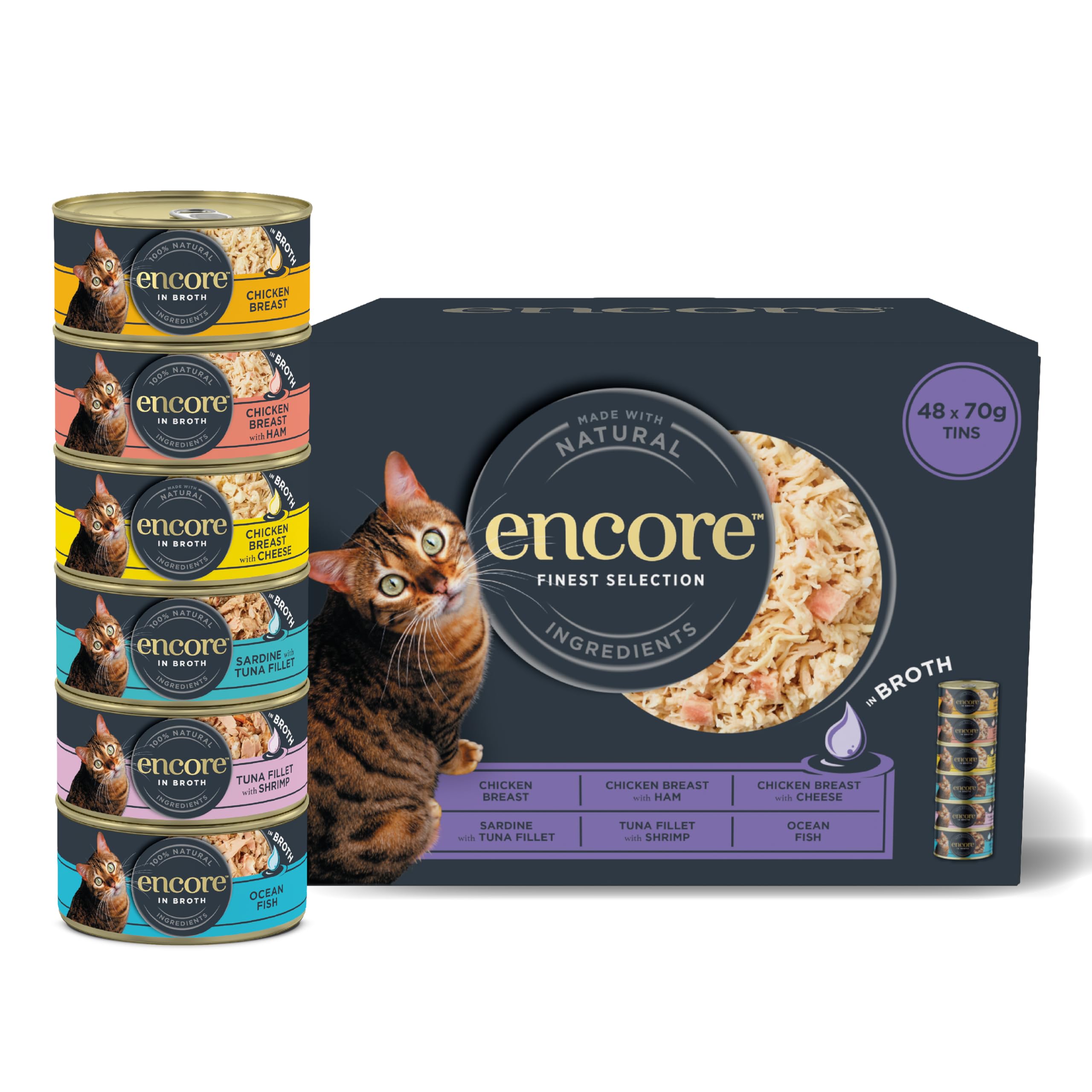 Encore 100 percent Natural Adult Wet Cat Food, Chicken and Fish Selection Bulk Pack in Broth 70 g Tins (Total of 48 Tins)
