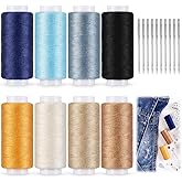 Jexine 18 Pcs Denim Thread Set 8 Pack 250 Yards/roll Denim Thread | for Jeans with 10 Pcs Size 100/16 Sewing Machine Needles Set for Hemming Jeans Patching Jackets Daily Sewing Repair Projects