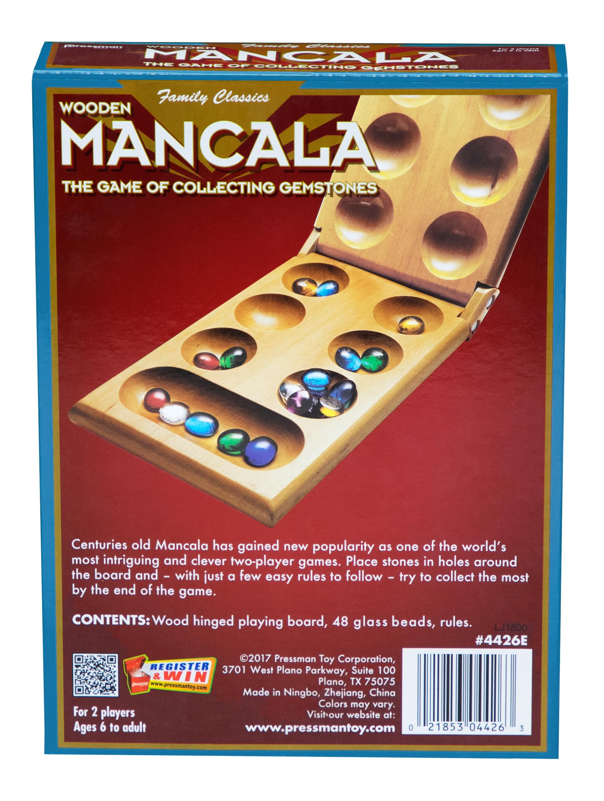 Pressman Mancala Board Game | Fun Classic Table for Adults & Kids | Includes 48 Plastic Mancala Stones and Wood Hinged Playing Board | 2 Players, Ages 6+