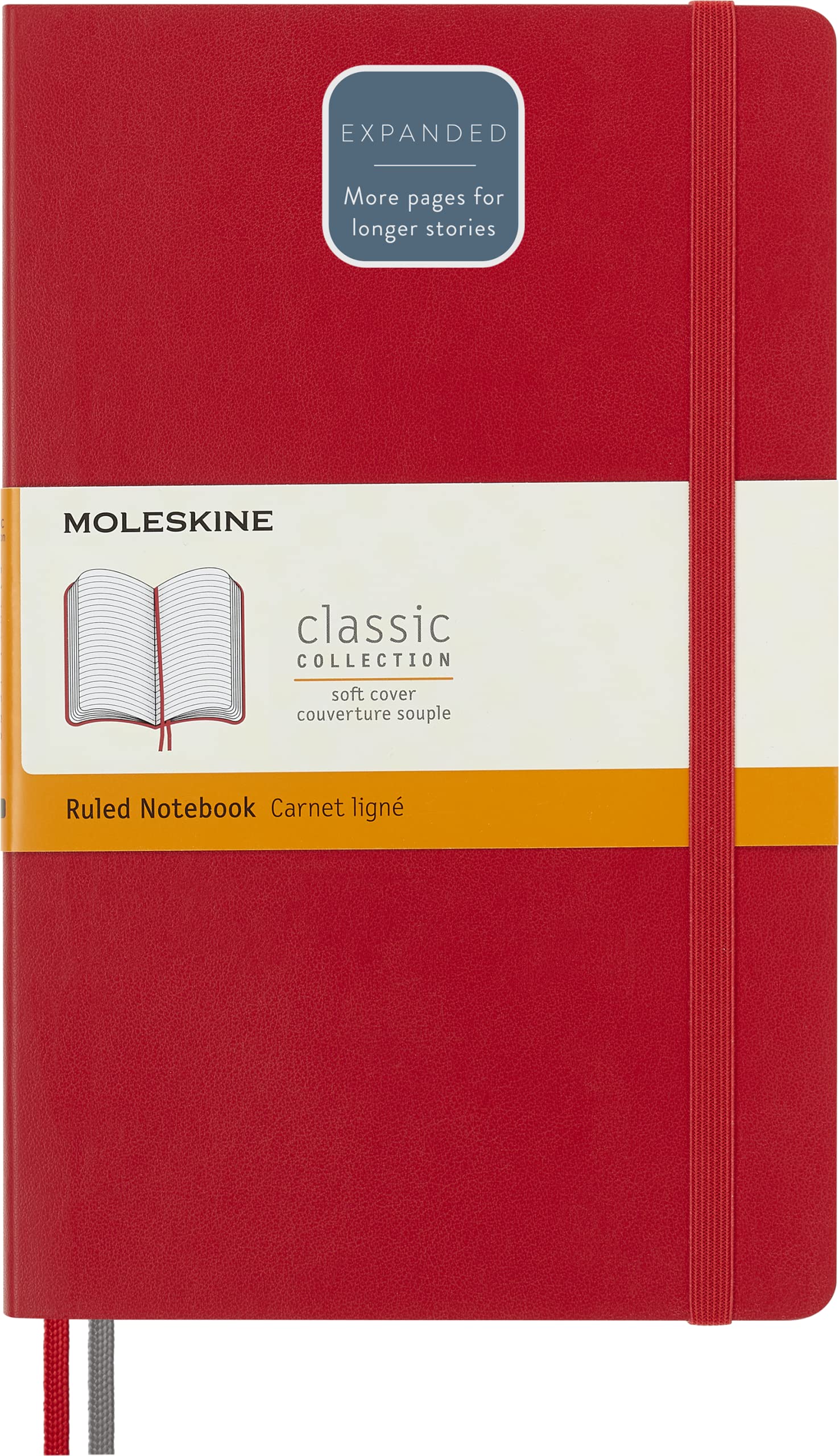 Moleskine - Classic Notebook Expanded, Ruled Notebook, Soft Cover and Elastic Closure, Size Large 13 x 21 cm, Colour Scarlet Red, 400 Pages